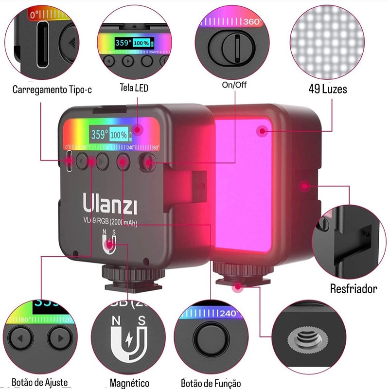 Painel de Iluminação LED Softbox VL49 RGB 2000mAh Ulanzi- Luzes Arco-Íris - bresolinstone